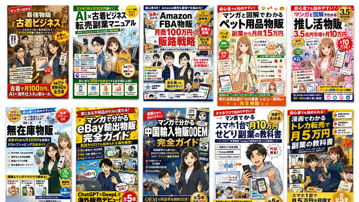 自社で制作したKindle書籍の表紙が10冊並んだ一覧。物販・副業・ペット用品など、漫画と図解を使った実用書